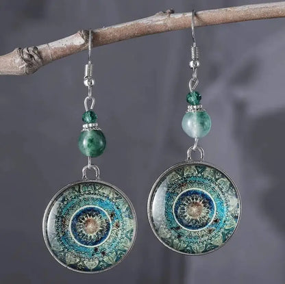 Boho Mandala Glass Disc Drop Earrings