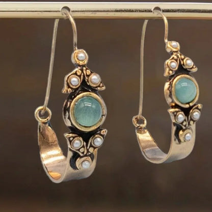 Vintage Mint Cabochon Pearl Hoops