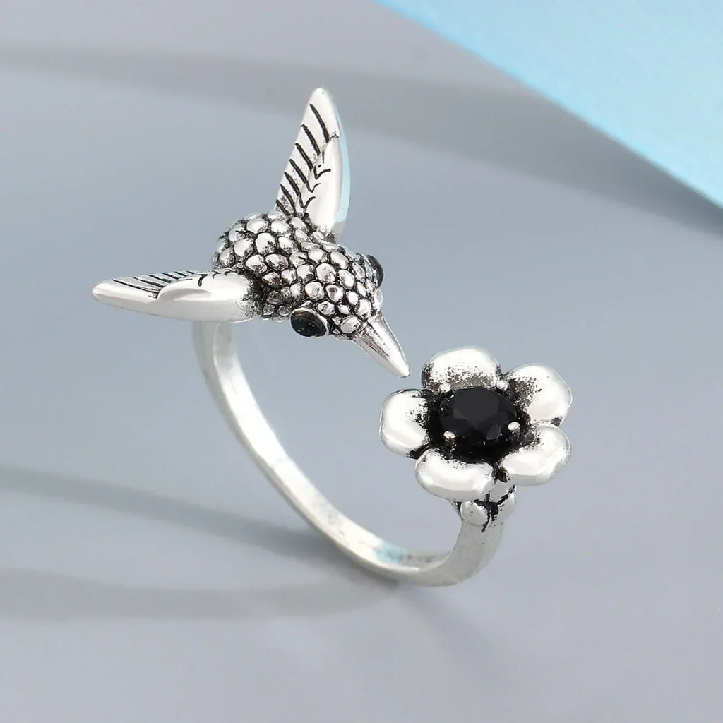 Hummingbird and Flower Open Ring