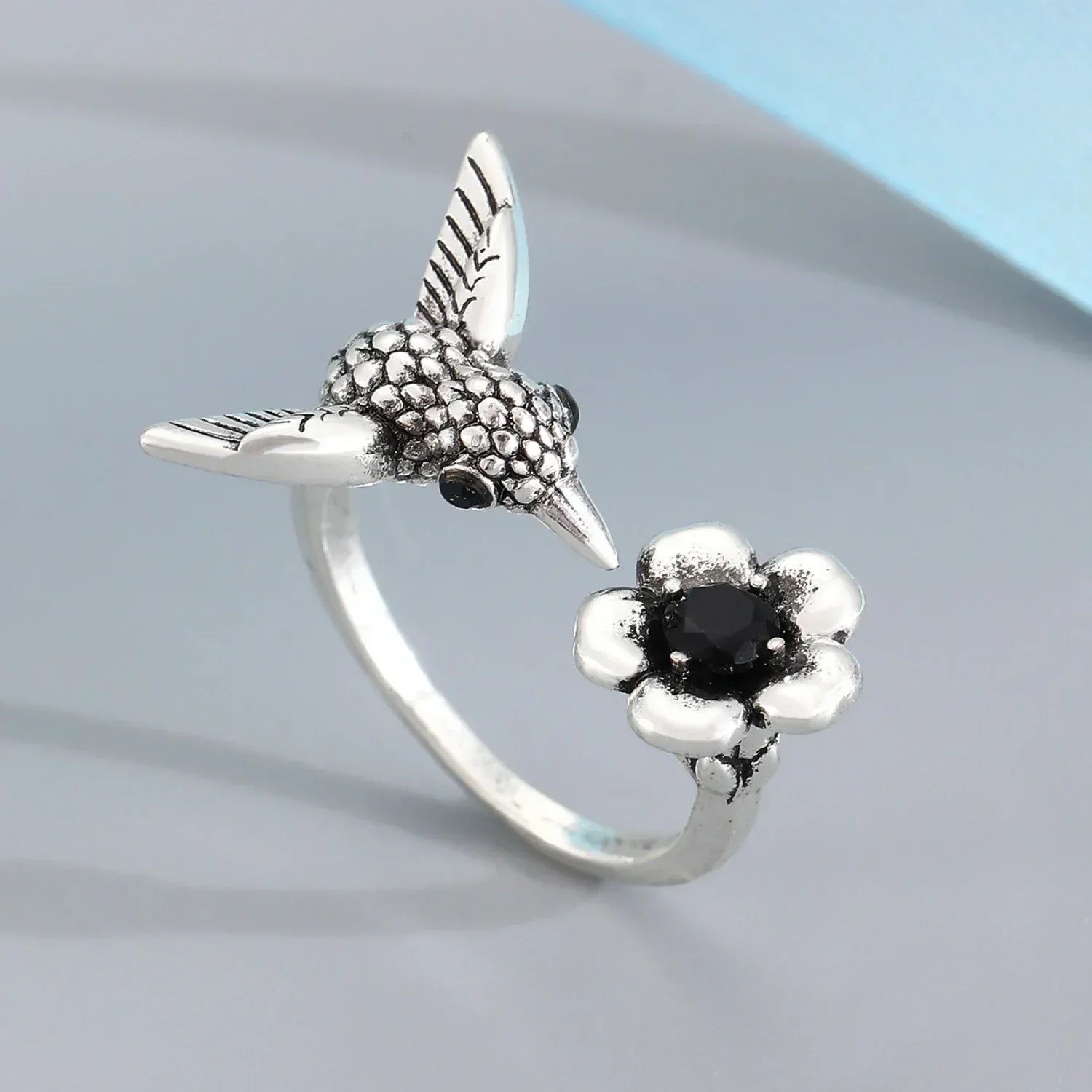 Hummingbird and Flower Open Ring
