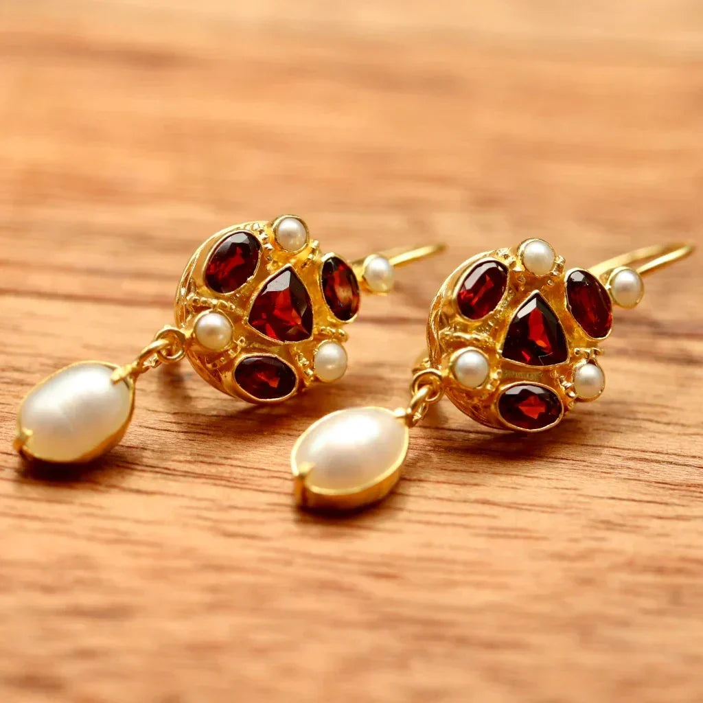 Geometric Red Color Stone Pearls Earrings