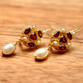 Geometric Red Color Stone Pearls Earrings