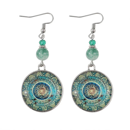 Boho Mandala Glass Disc Drop Earrings