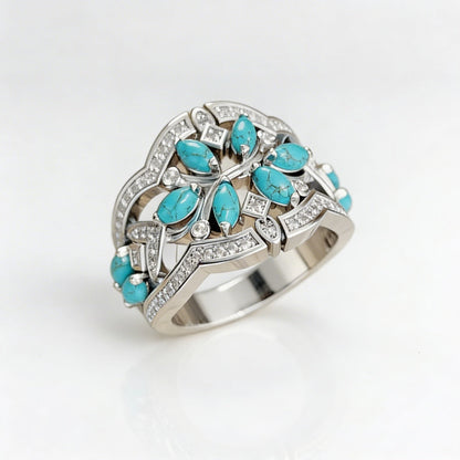 Vintage Bohemian Turquoise Floral Cluster Ring
