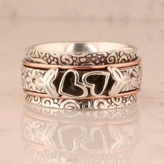 Vintage Style Butterfly Heart Silver Plated Spinner Ring