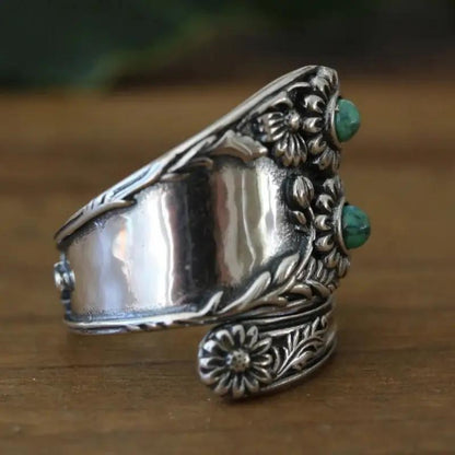Vintage Floral Turquoise Wide Band Silver Ring