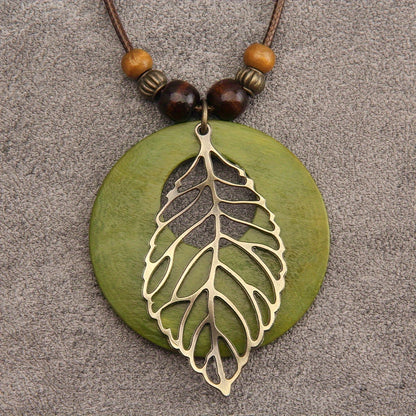 Bohemian Wax Rope Leaf Shaped Pendant Long Necklace