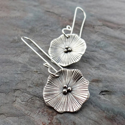 Handcrafted Textured Silver Flower Drop Earrings