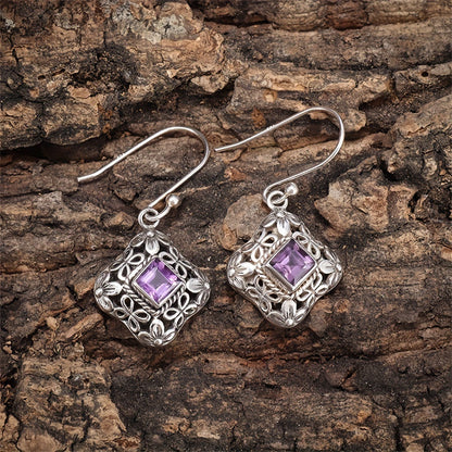Vintage Purple Zirconia Floral Filigree Drop Earrings