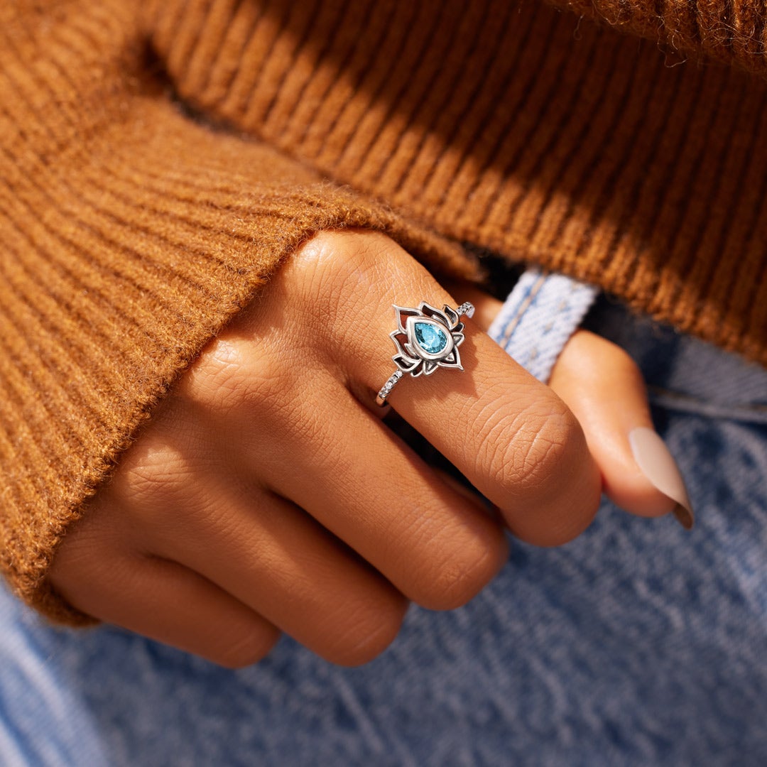 Personalized Name And Birthstone Lotus Ring