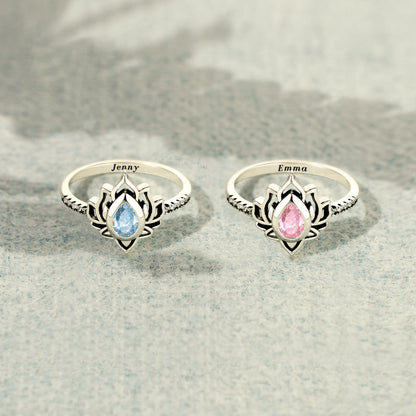 Personalized Name And Birthstone Lotus Ring