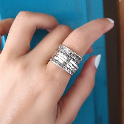Vintage Boho Floral Wide Silver Plated Ring