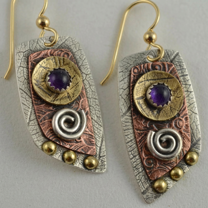 Mixed Metal Amethyst Artisan Drop Earrings