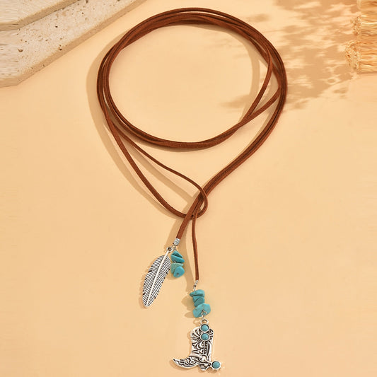 Vintage Bohemian Turquoise Feather Pendant Layered Necklace