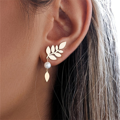 Vintage Elegant Gold Leaf & Pearl Drop Earrings