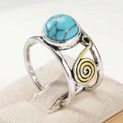 Bohemian Two Tone Plated Round Turquoise Stone Ring