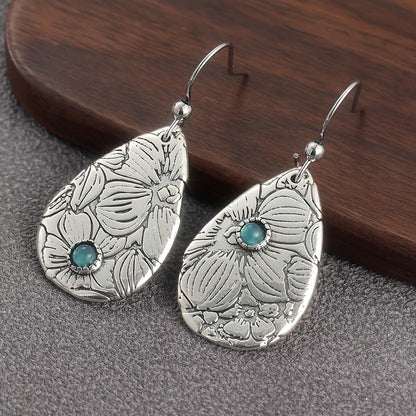 Retro Carved Flowers Drop Shape Turquoise Gemstone Hook Earrings