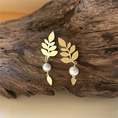 Vintage Elegant Gold Leaf & Pearl Drop Earrings