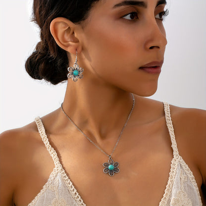 Vintage Boho Turquoise Flower Earrings Necklace Jewelry Set