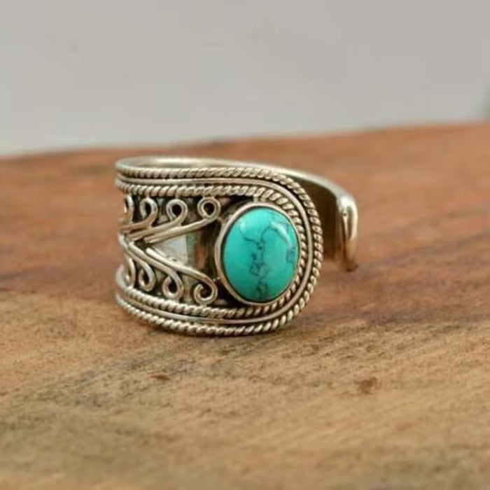 Retro Bohemian Creative Pattern Turquoise Open Ring