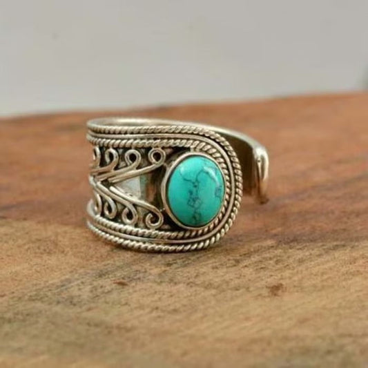Retro Bohemian Creative Pattern Turquoise Open Ring