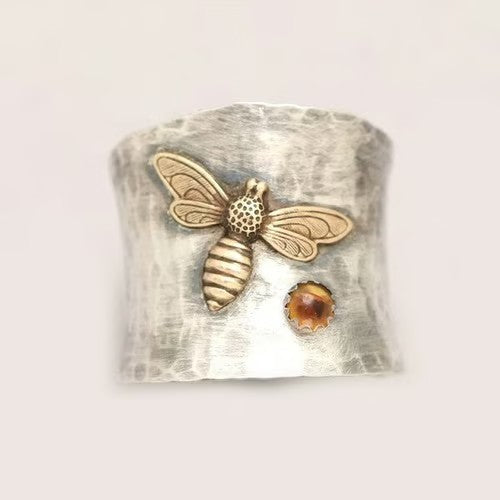 Silver Vintage Wide Band Bee Ring