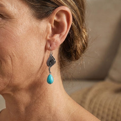 Vintage Silver Tone Geometric Irregular Shape Turquoise Drop Earrings