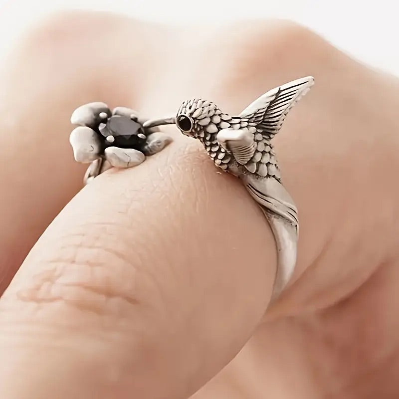 Hummingbird and Flower Open Ring
