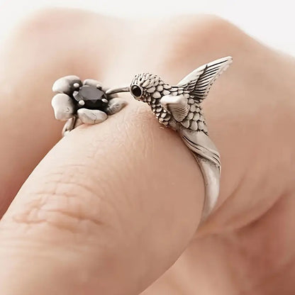 Hummingbird and Flower Open Ring