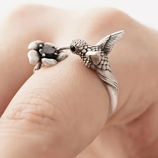Hummingbird and Flower Open Ring