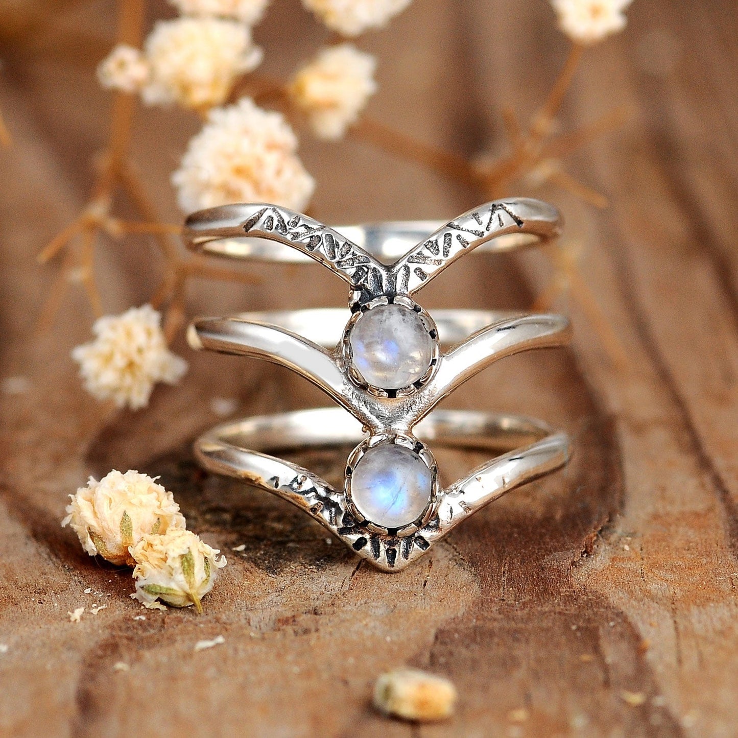Bohemian Triple Chevron Rainbow Moonstone Silver Ring