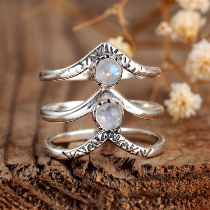 Bohemian Triple Chevron Rainbow Moonstone Silver Ring